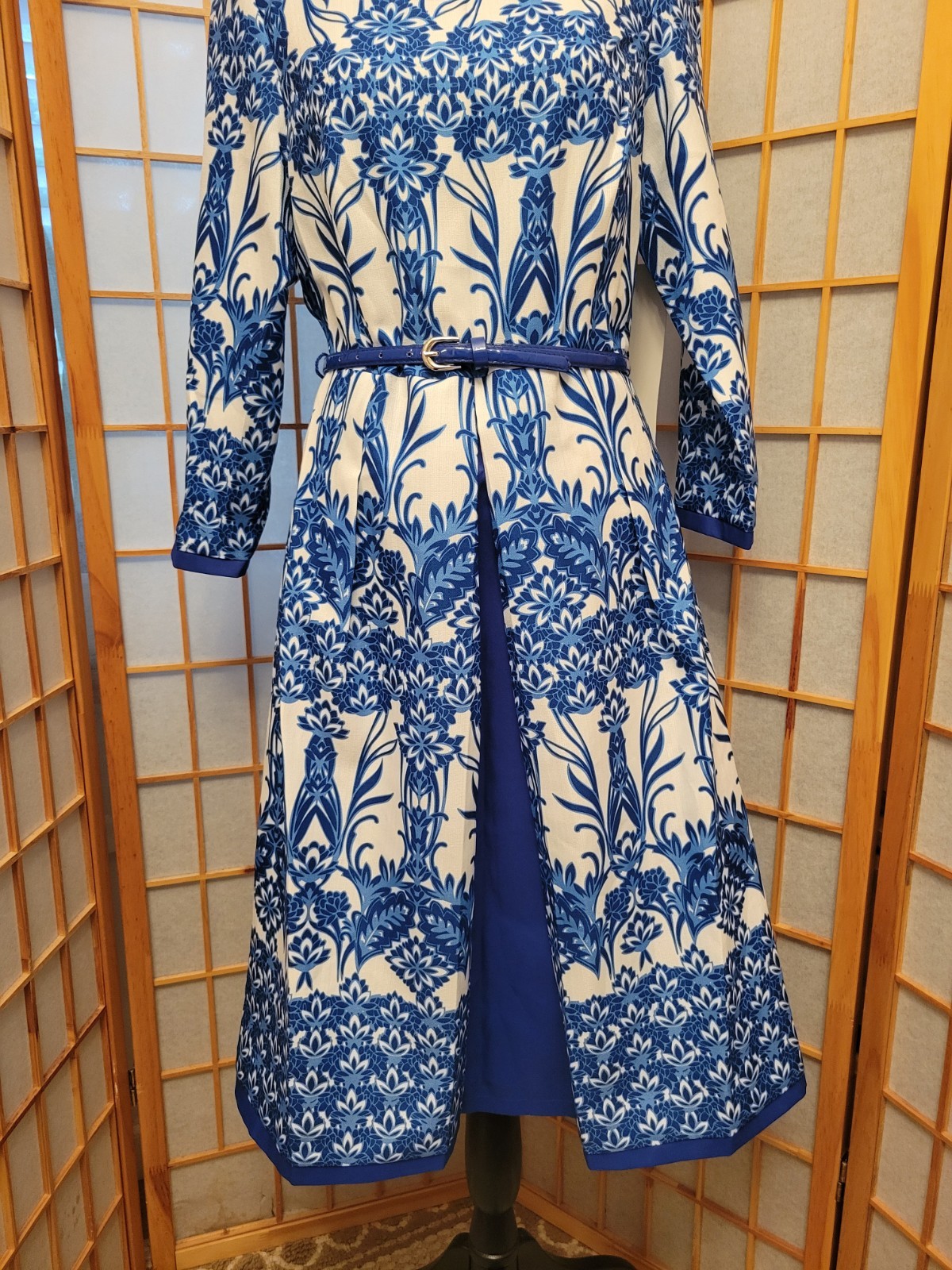 ASHRO Blue/White Floral Boat Neck 3/4 Bell Sleeve Midi A-Line Dress S/M