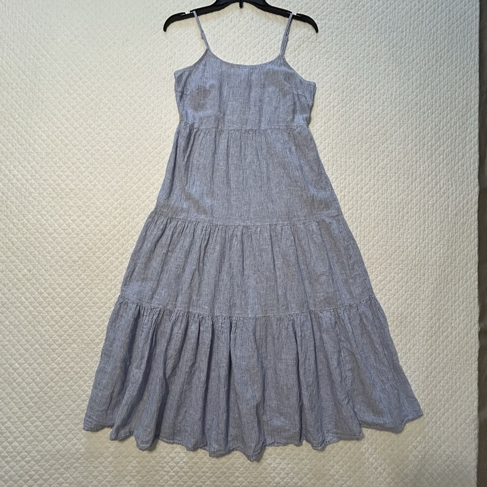 Blue/White Striped Smocked Square Neck Tiered Midi Maxi A-Line Dress Womens S