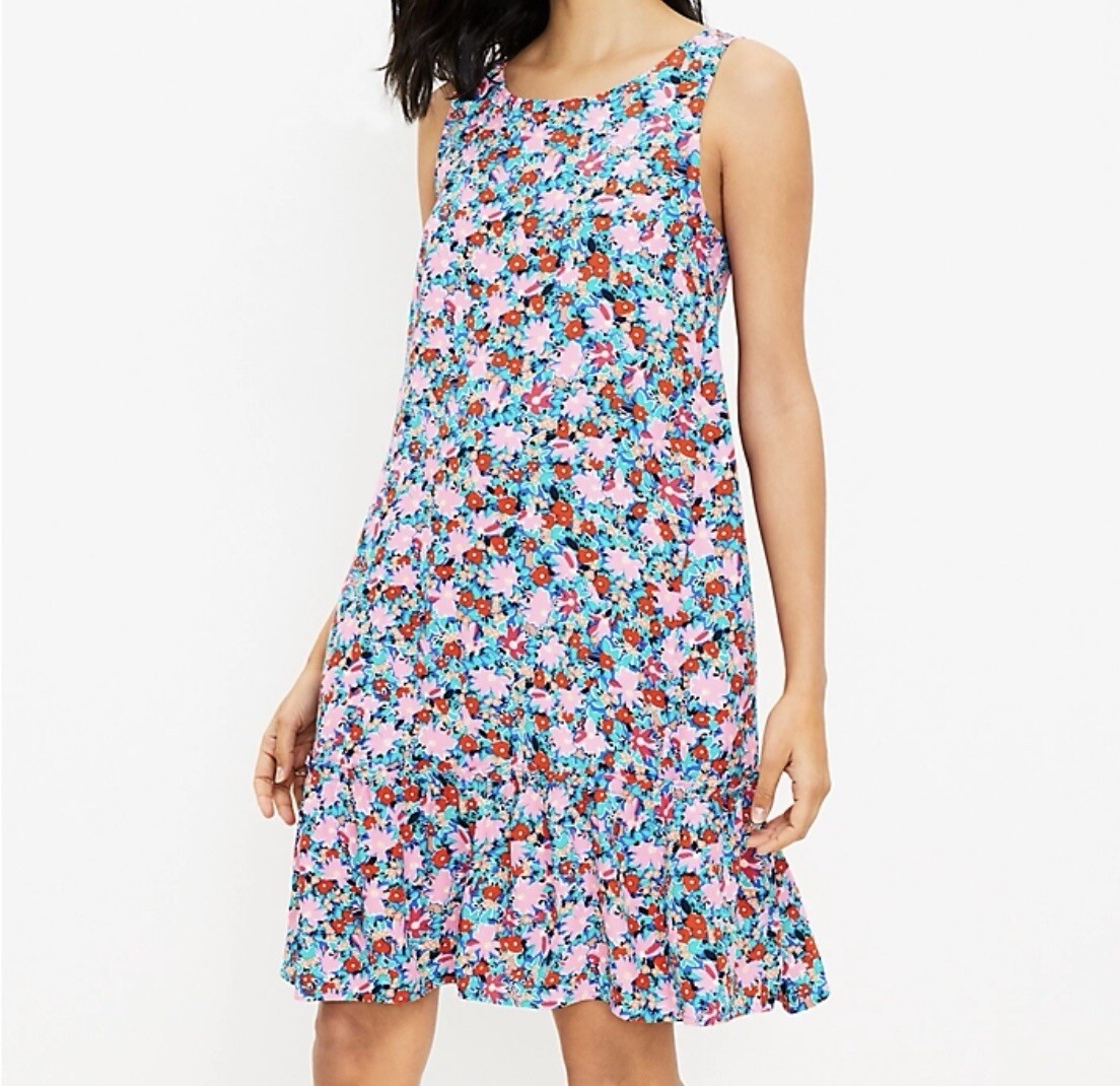 LOFT Dress Daisy Tie Back Flounce Sleeveless Floral Size Petite Small Women EUC