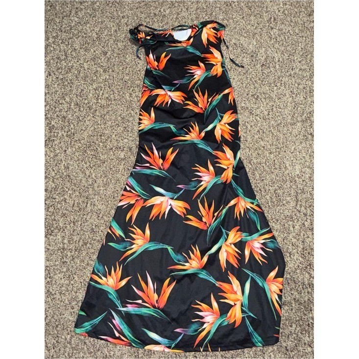 Women’s 2X dress Tropical Black Maxi Dress with Orange Bird-of-Paradise