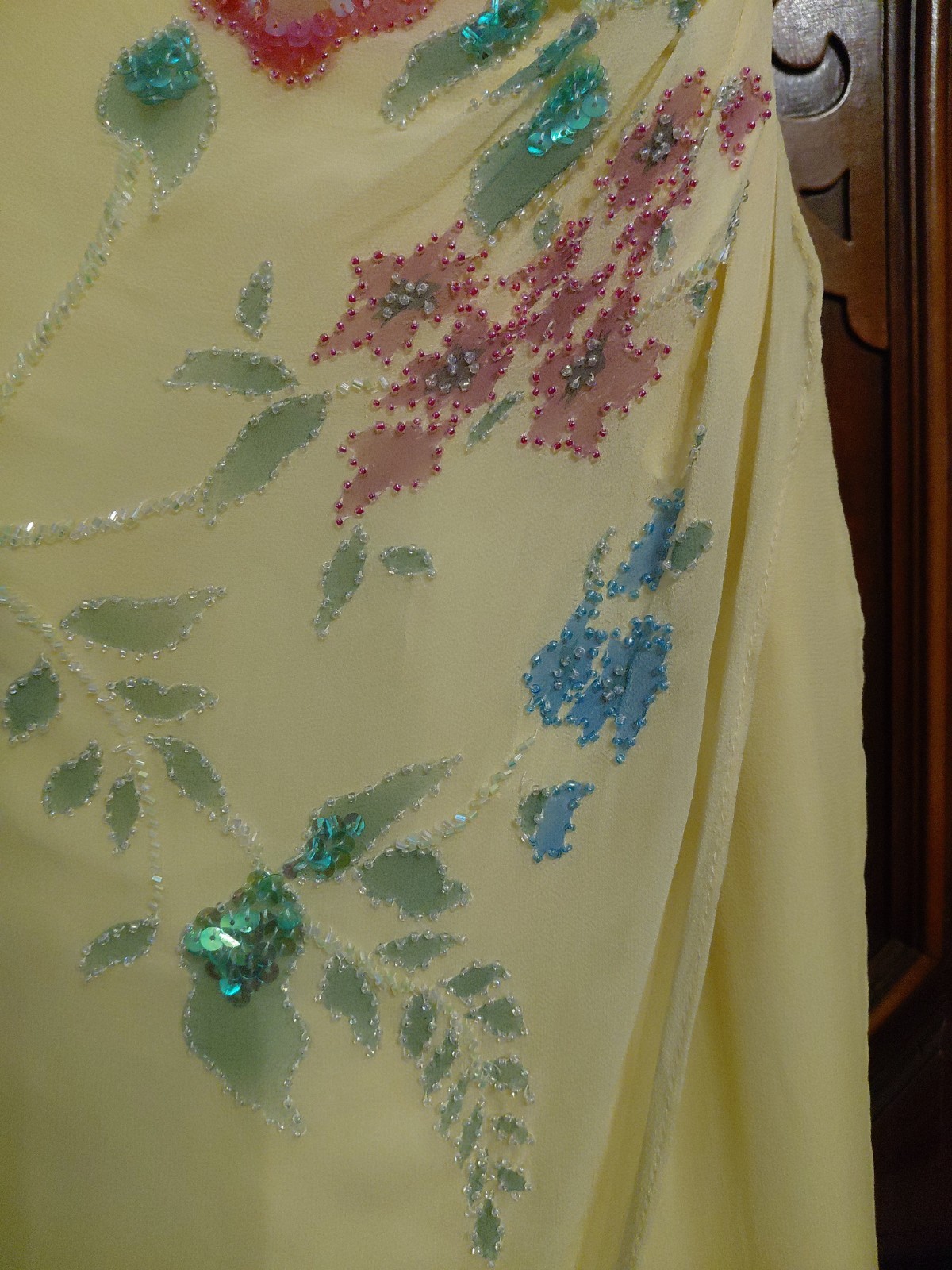 Vintage Cache Yellow Dress Maxi Beaded Floral Gown 2 S Silk Y2K Glam Evening