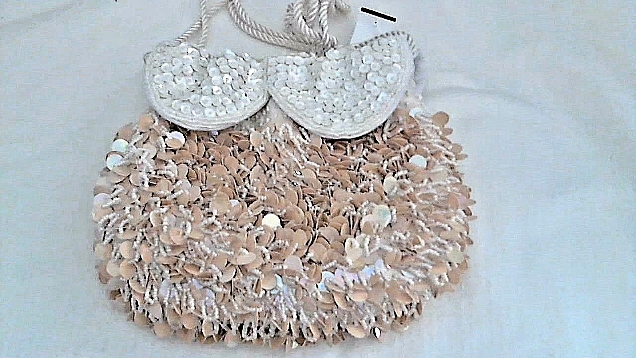 Cascading Sequin Bag Beige White Flaps Draw Cord 8.5″ x 8″ Lined In Satin