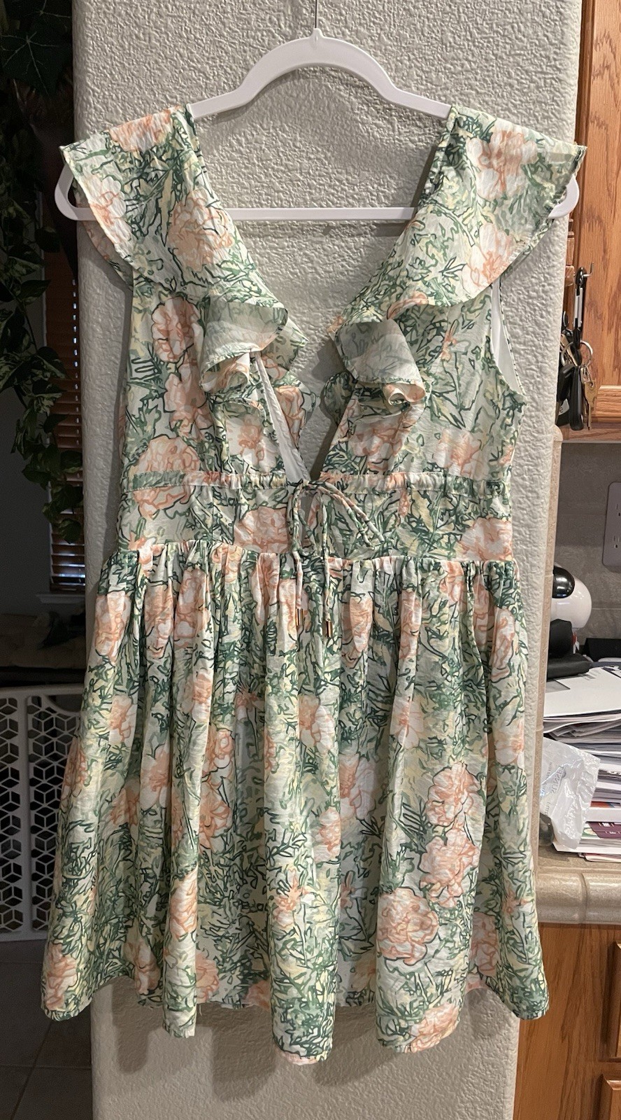 Hello Molly Green & Pink Floral Plunging Ruffle Mini Dress – Size L (US 8)