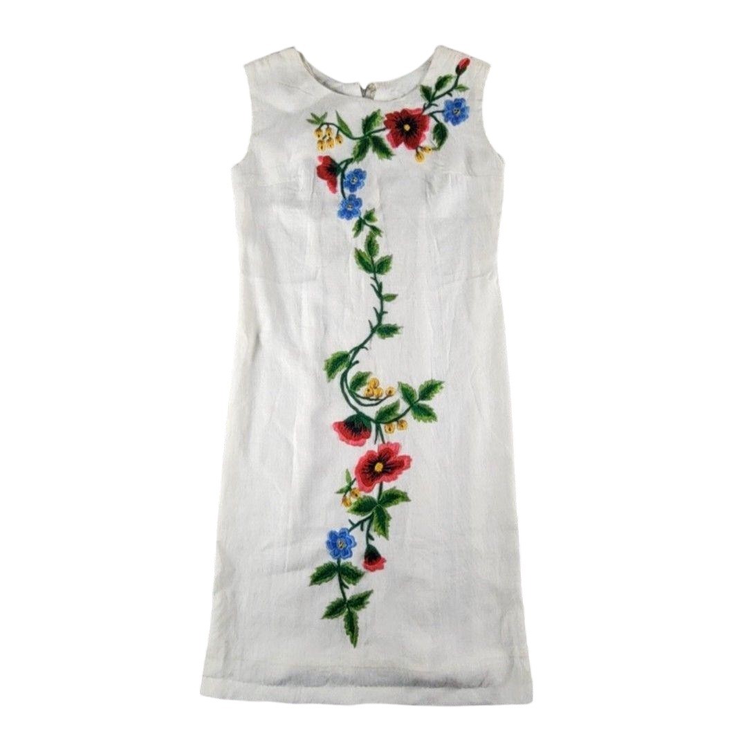 Vintage Embroidered Fashions Dress Womens S White Linen Floral Shift Jamaica