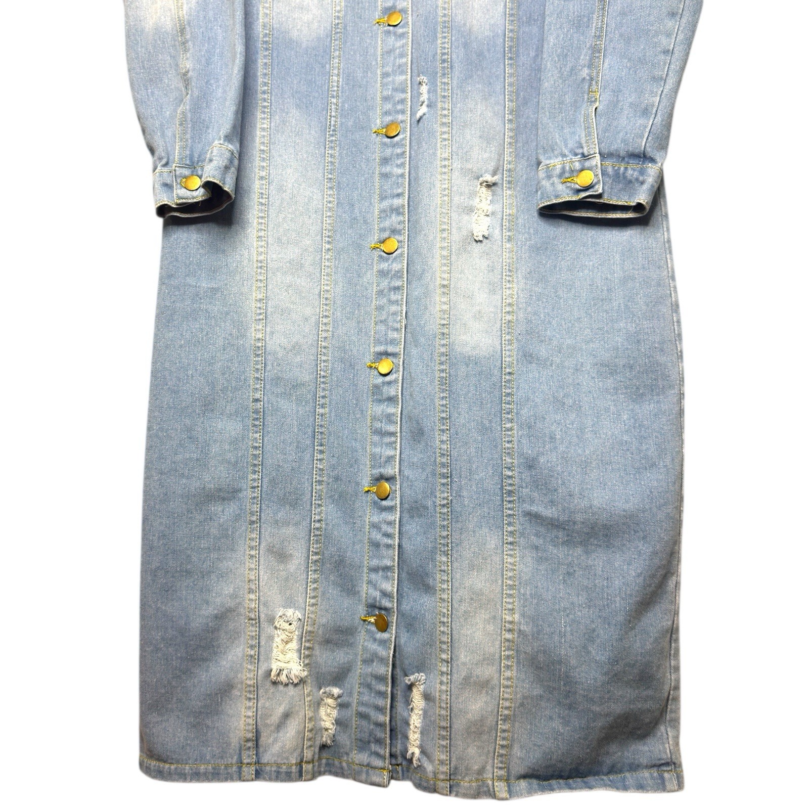 Women’s Long Sleeve Button Down Medium Wash Maxi Dress Size XL Distressed