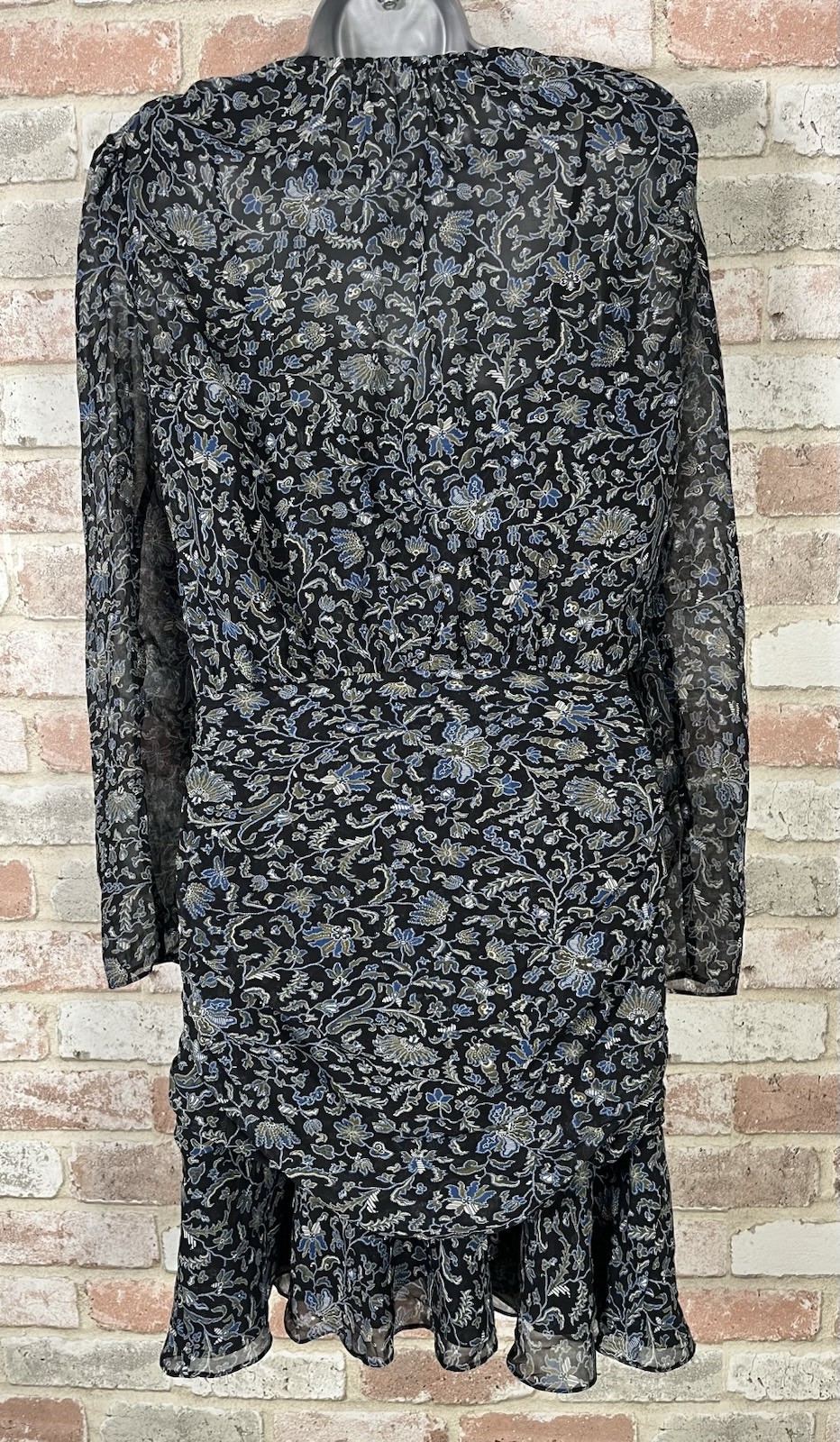 VERONICA BEARD Blue Floral 100% Silk Ruched Bell Sleeve Ruffle Dress Size 2 $595