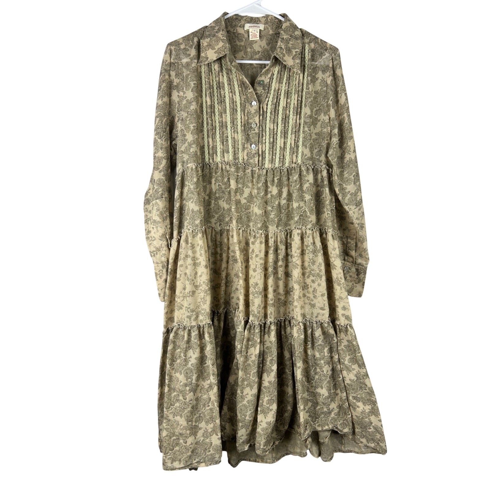 Sundance Floral Tiered Midi Dress Tan Cotton Boho Pintuck Prairie Size Large
