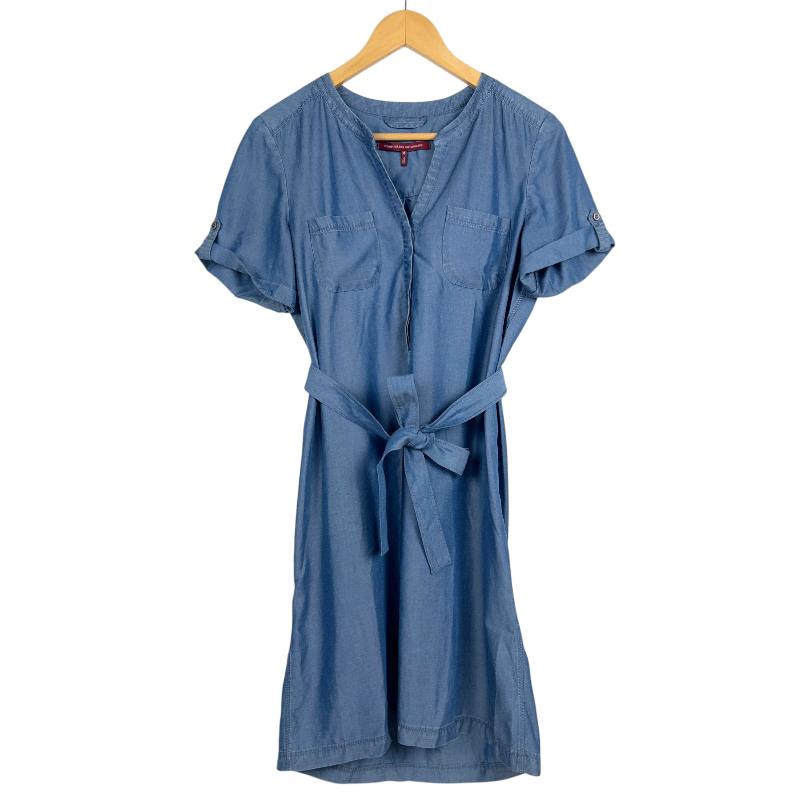 Comptoir des Cotonniers Lyocell Chambray Dress 38 S Blue Belted Minimalist