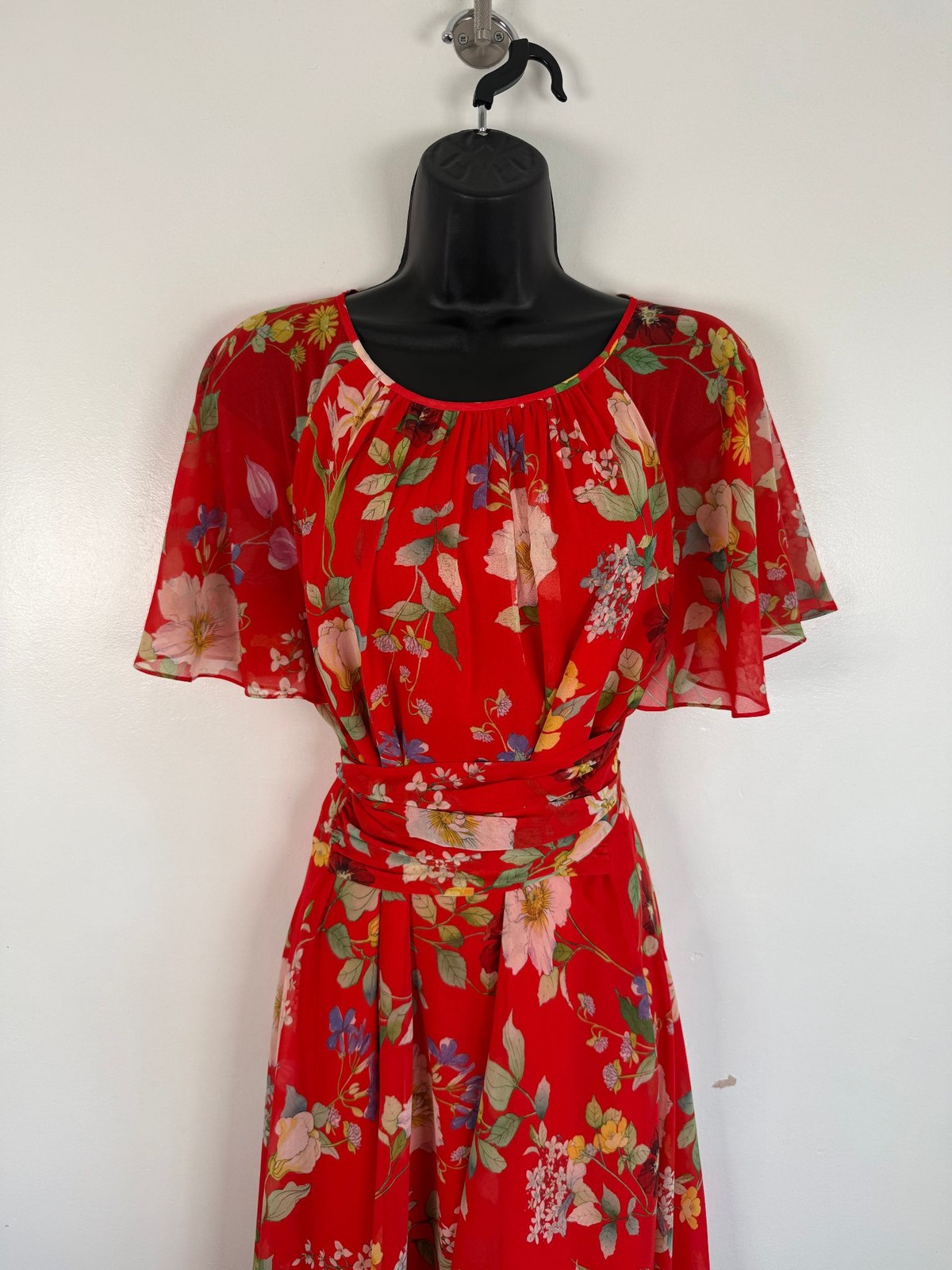 Hobbs Dress Size Uk 14 Red Midi Floral Chiffon Belt Sarah Party Cocktail Wedding