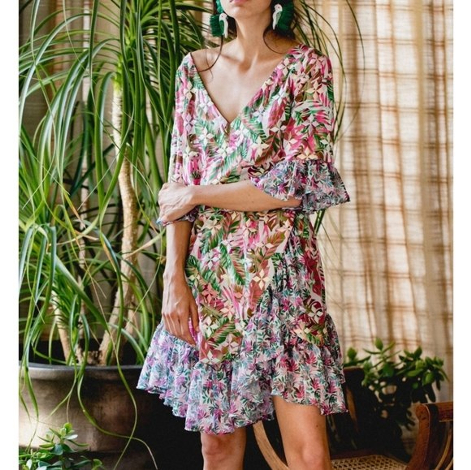 NWT All Things Mochi Philippa Ruffled Printes Linen Wrap Dress, size S
