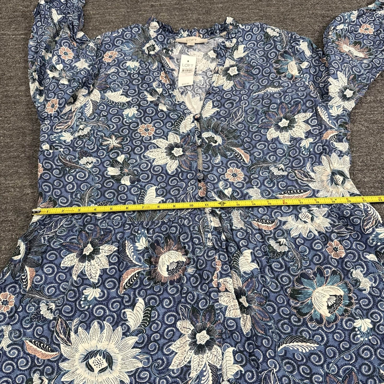 LOFT Dahlia Ruffle Button Mini Dress Women Large Blue Floral Print Tiered Boho