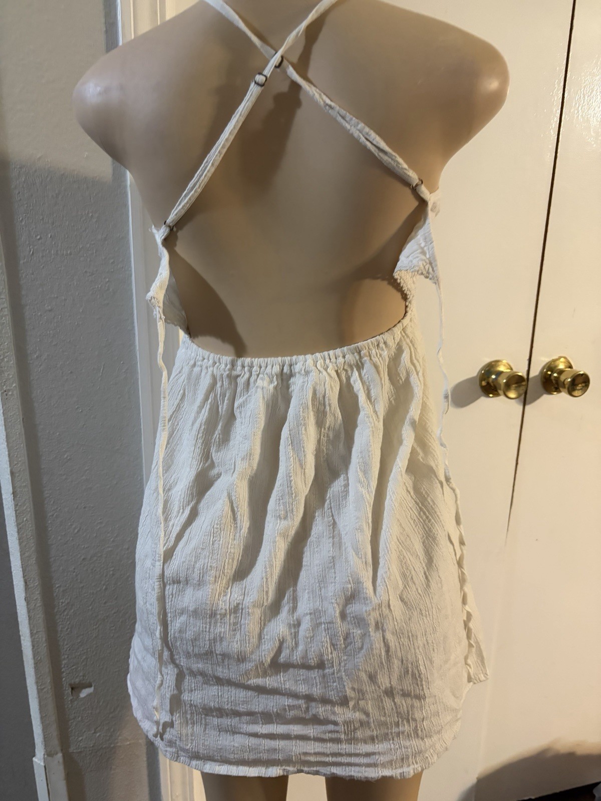 O’Neill White Solid Halter Sundress Lace Accent Open Back Tie Short Dress M
