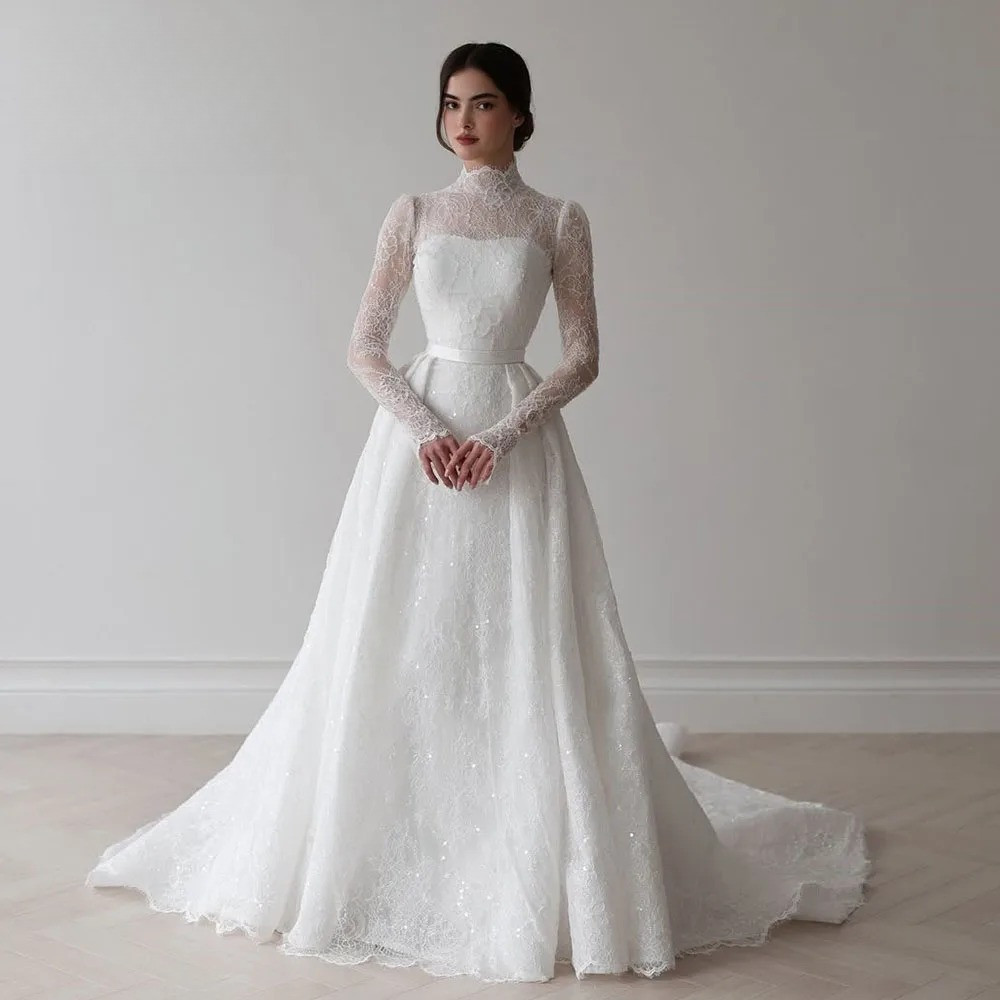 Wedding Dresses Luxury Lace Customize Gowns Floor-length Full Sleeves High Neck