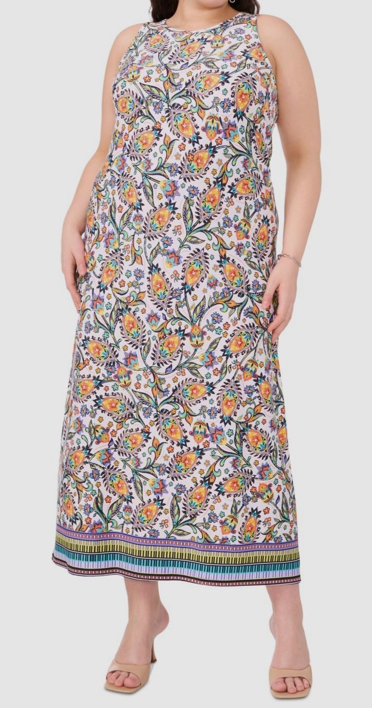 MSK Women’s White/Blue Printed Round-Neck Sleeveless Maxi Dress Plus Size 1X