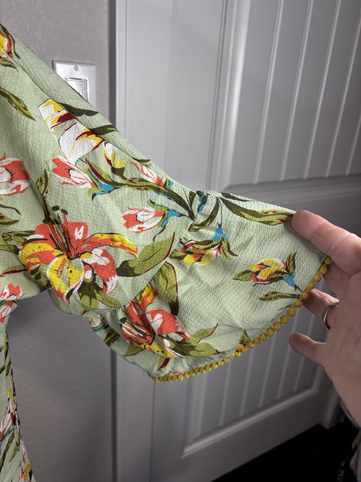 Uncle Frank Tropical Borders Dress Floral Green Ruffle Hem & Sleeves Midi L Art