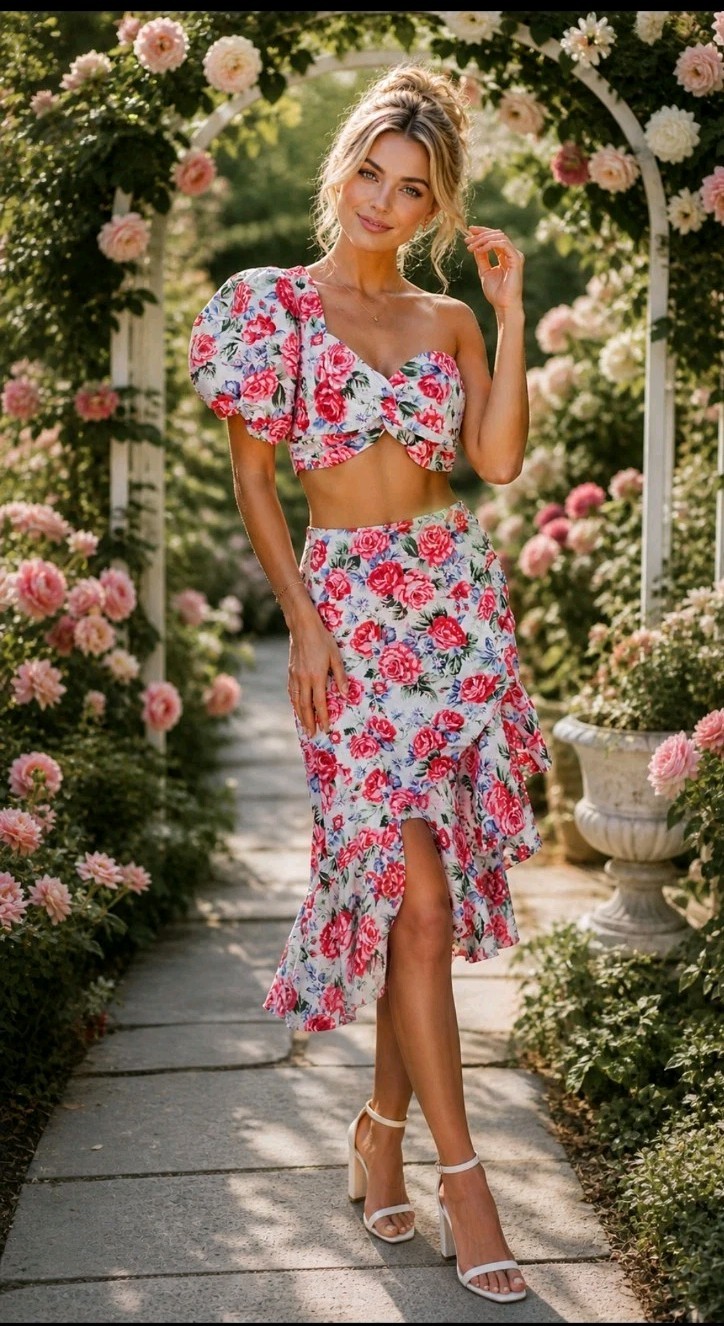 New Hello Molly Romantic Floral Hot Breeze Set Crop Blouse Asymmetrical Skirt S