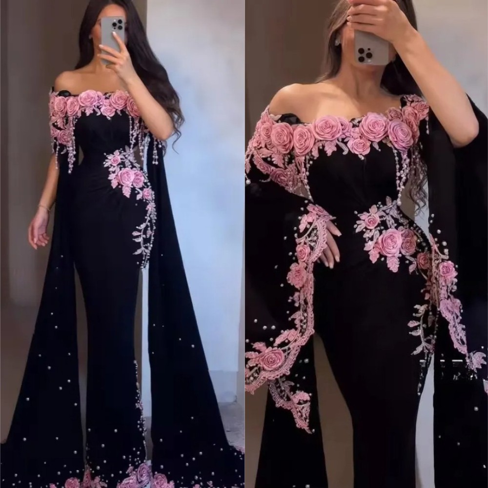 Black Pink Floral Caftan Gown Cape Sleeve Off Shoulder Lace Beaded Prom Custom