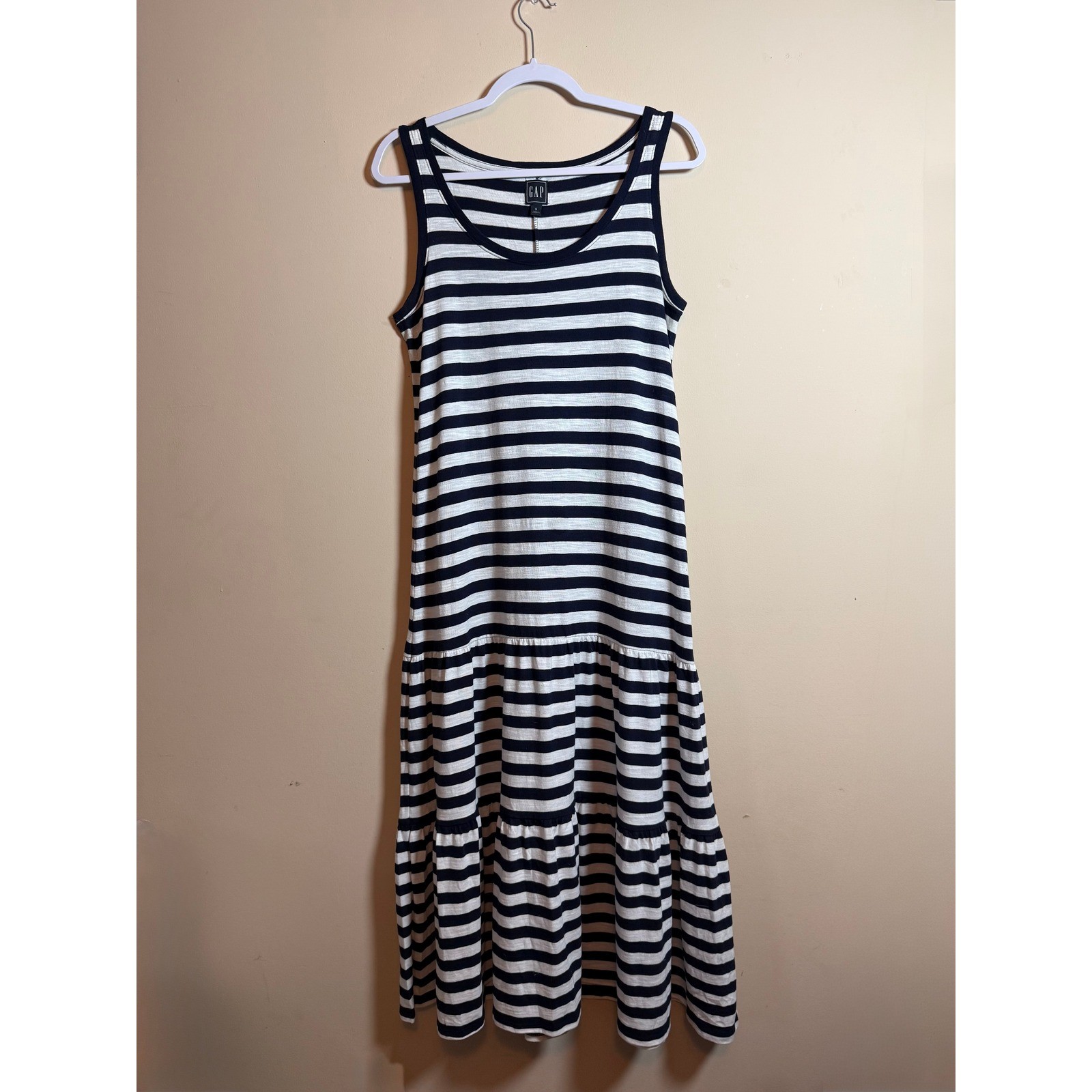 Gap Womens Navy Blue White Striped Tiered Maxi Tank Dress Small Nautical Summer