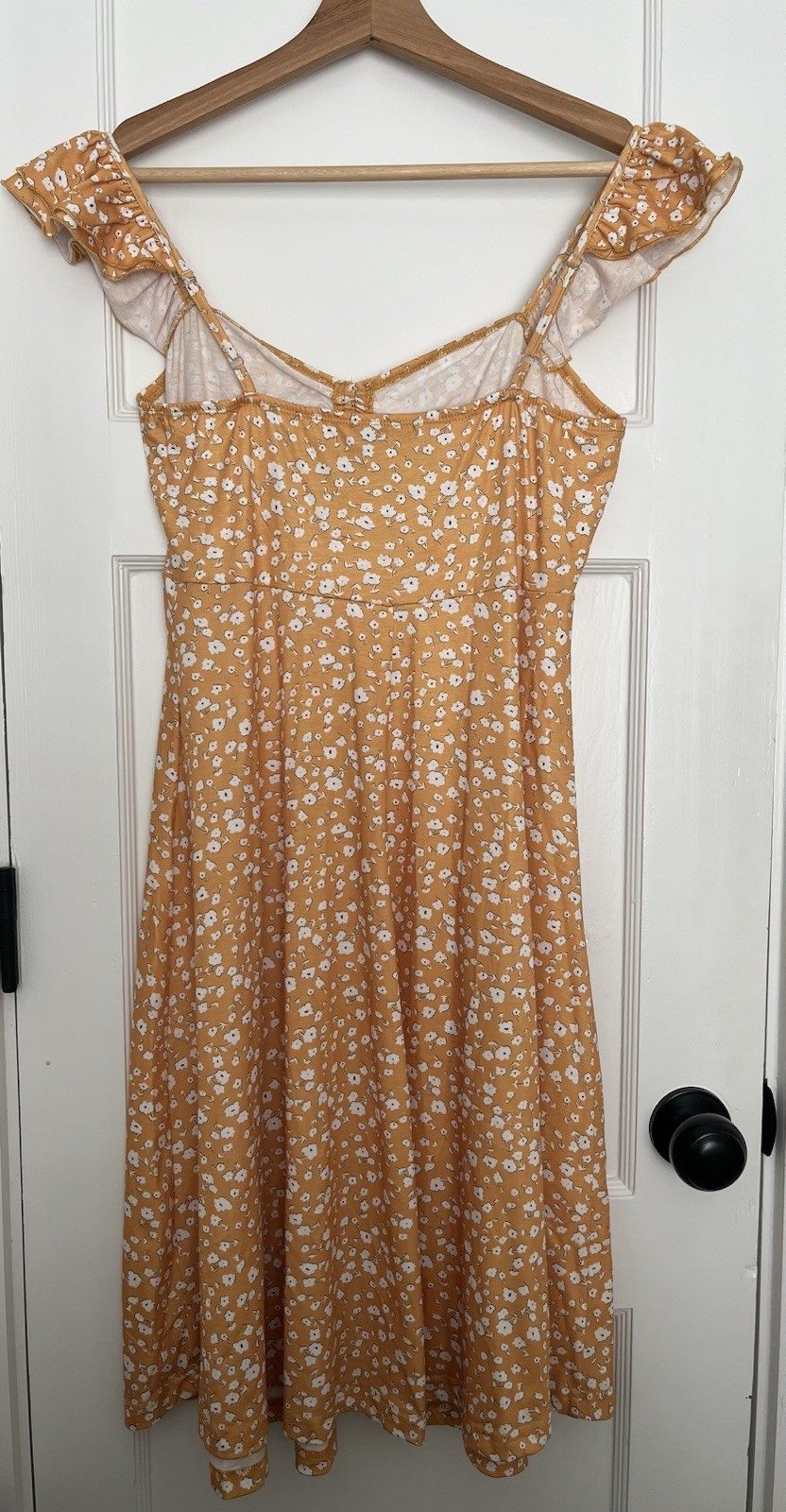 Fensace Orange White Floral Ruched Square Neck Knee A-Line Dress Womens M