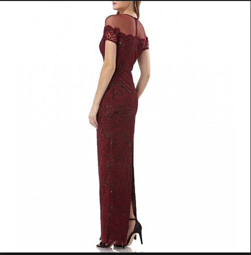 JS COLLECTIONS ROUND ILLUSIONS YOKE LACE EMBELLISHED CABERNET DRESS sz 12