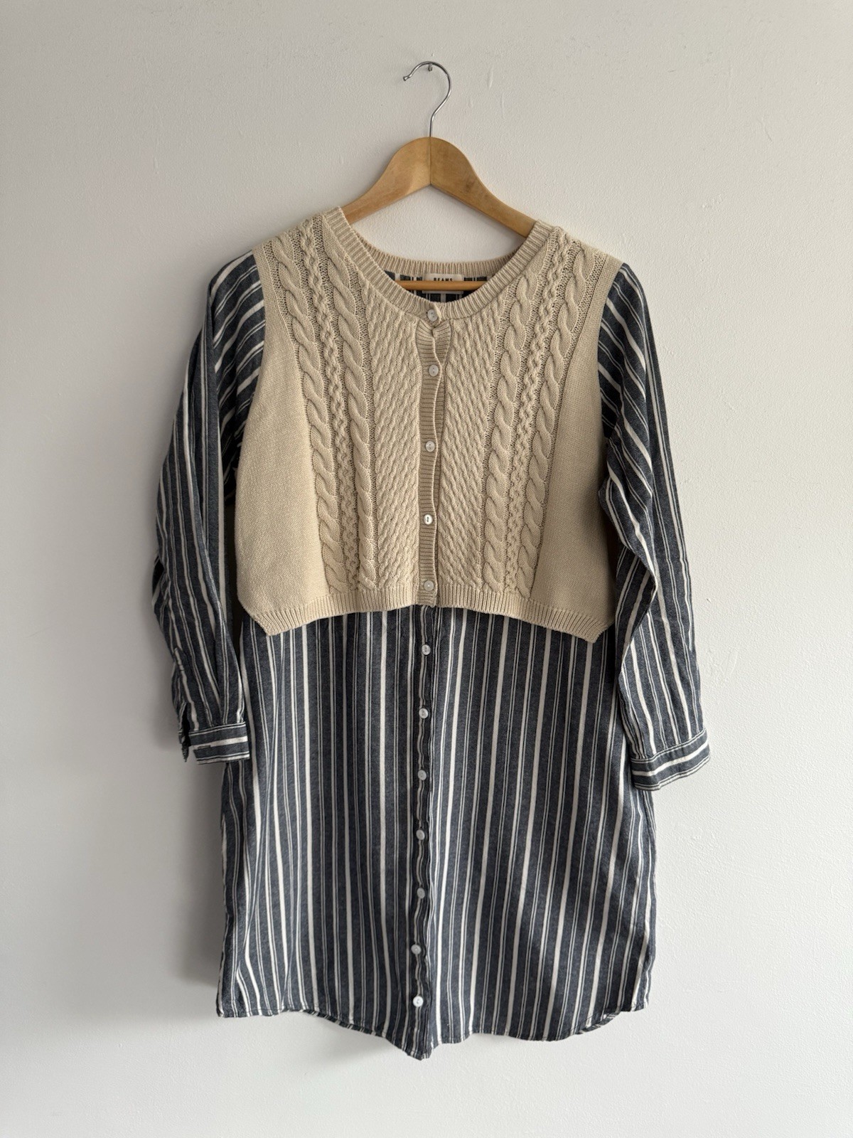 Beams Heart Dress Small Blue Brown White Striped Japan