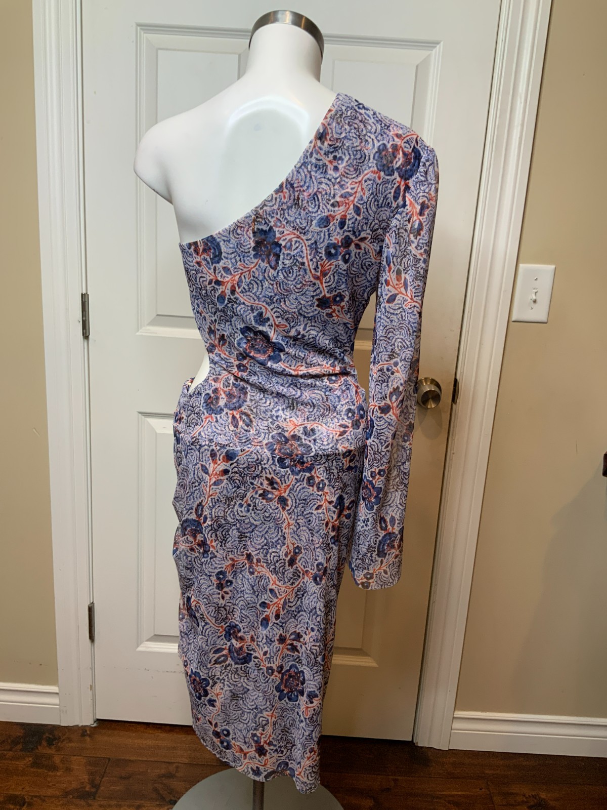 Misa Los Angeles White, Blue, Red Floral Mesh Calypso Cutout Dress, Size M, NWT!
