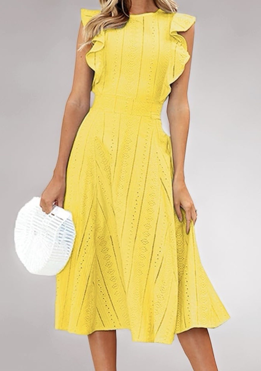 Ecowish Yellow Eyelet Sundress, Ruffle Cap Sleeve, Lined, Back Zipper, Small