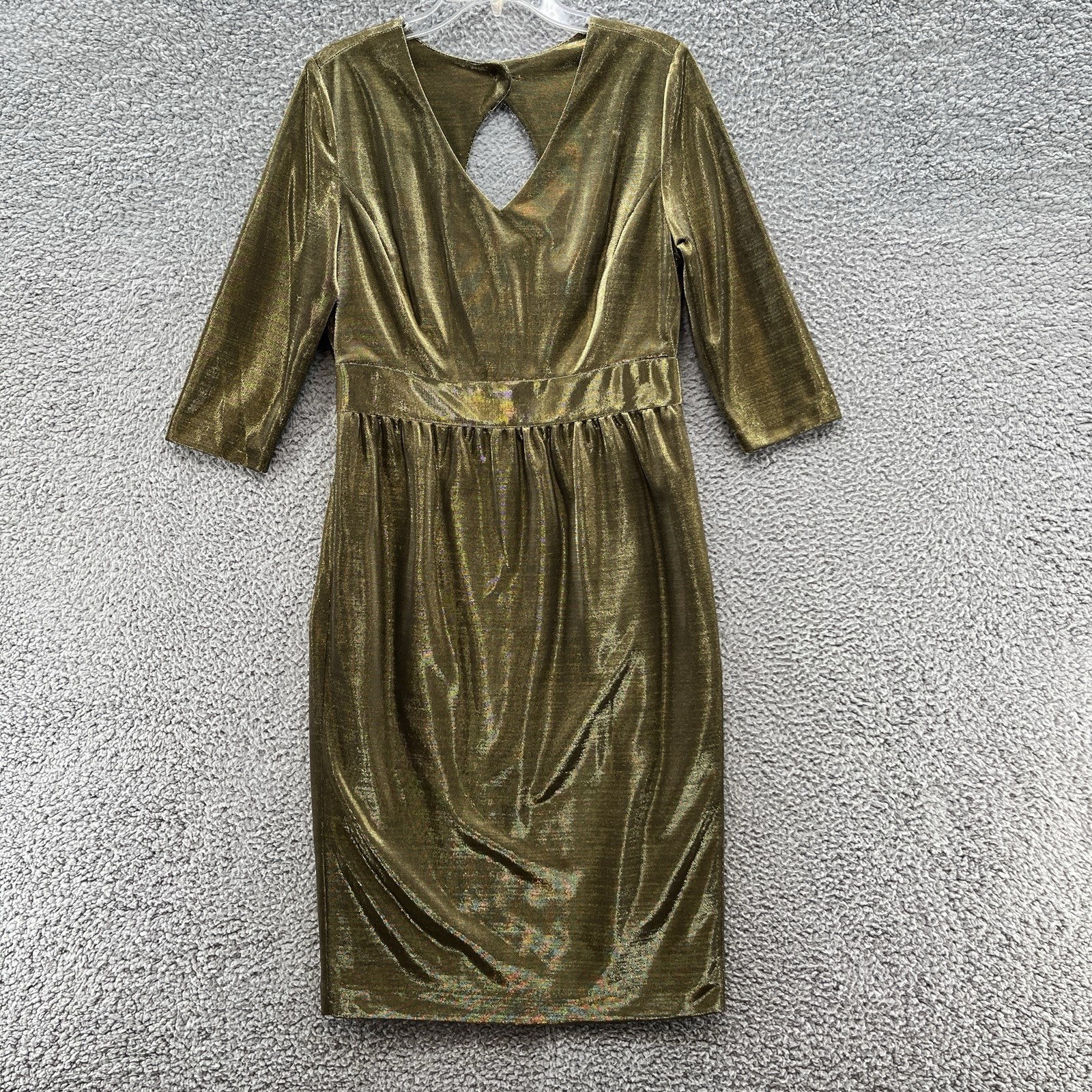 J Peterman Dress 10 Gold Metallic Sparkle Lame Pleated Elegant Party Midi Sheath