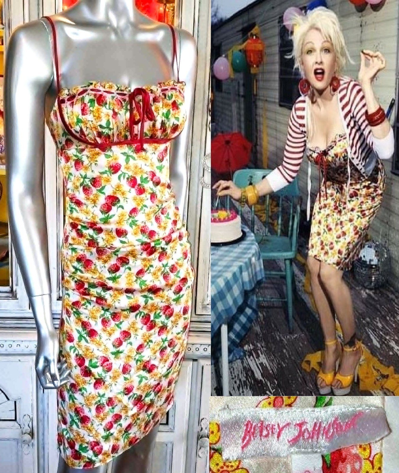 Vintage Betsey Johnson Silk Strawberry Milkmaid Dress Y2K Floral Fruit Slip S