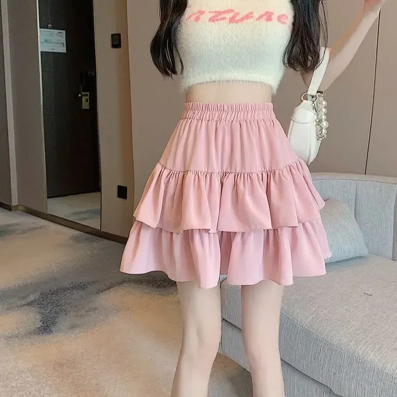 2026 New Ruffled Cake Skirts Women High Waist A-line Solid All-match Sweet Lovel