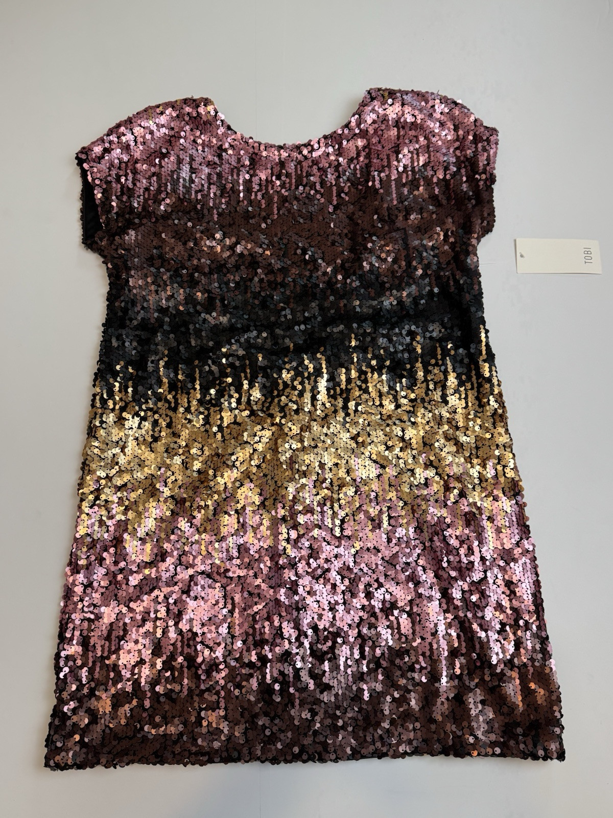 Tobi Shine Me Up Sequin Relaxed Mini Dress Size Small Pink Black Gold NWT