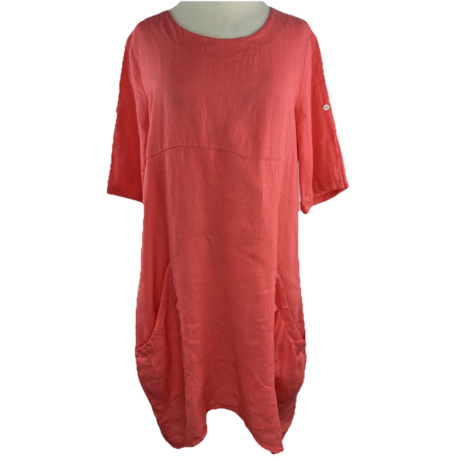 OSO Casuals L Melon Linen Short Roll Tab Sleeves Lagenlook Pockets Italy Dress