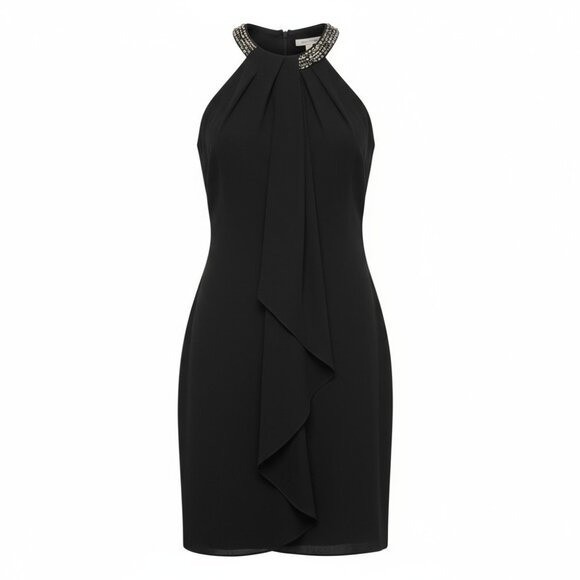 SLNY Women’s Size 14 Black Bead Braided Halter Sleeveless Cascade Chiffon Dress