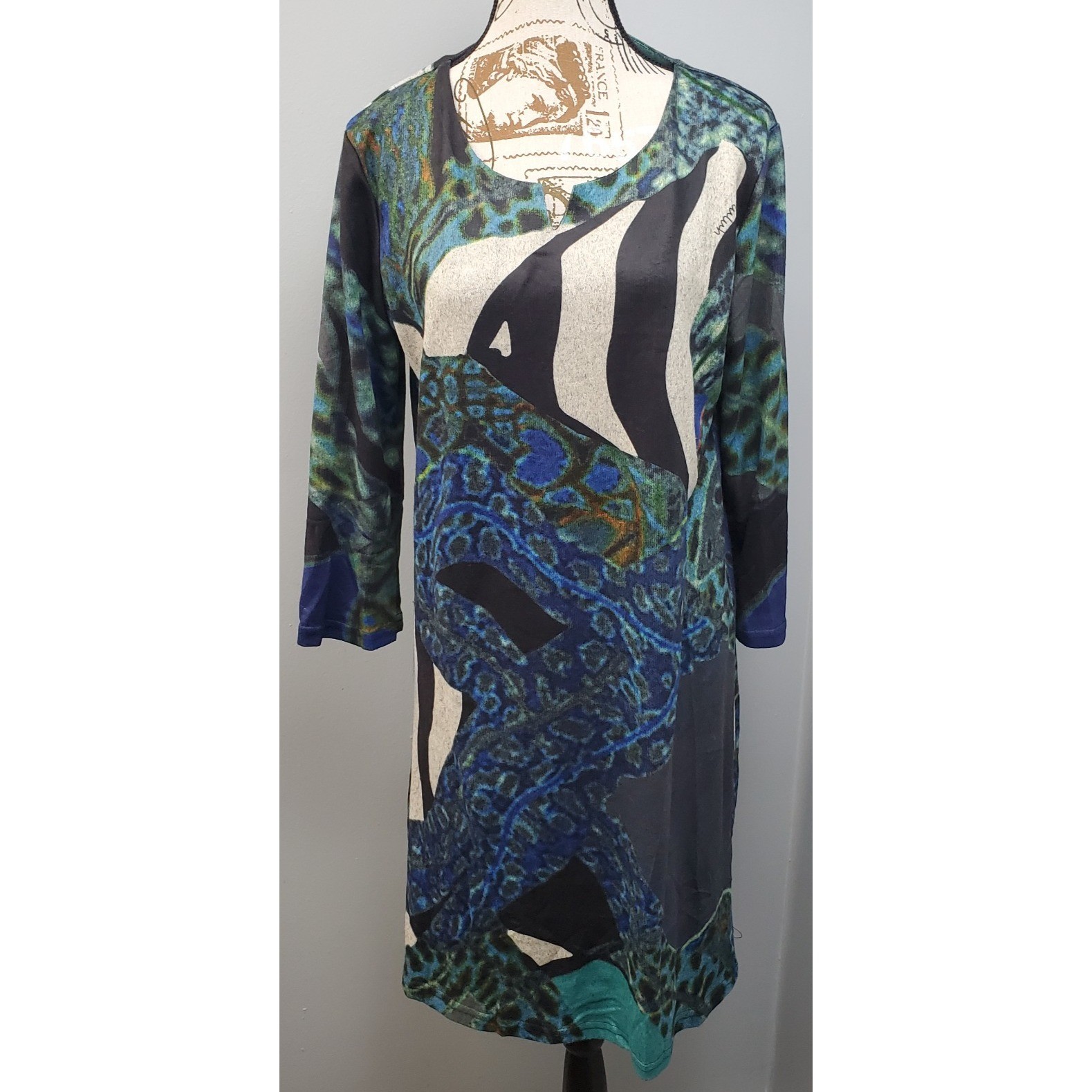 Simply Couture Sweater Dress Womens M Multi Peacock Print Lined Cut V Round Neck