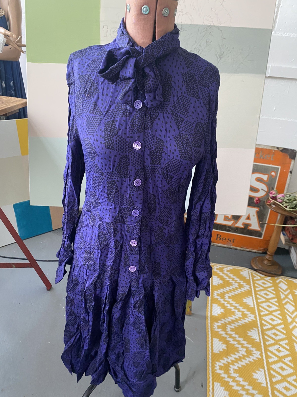 Celine Vintage Dress Purple & Black Shirt dress with pussy bow EU 40