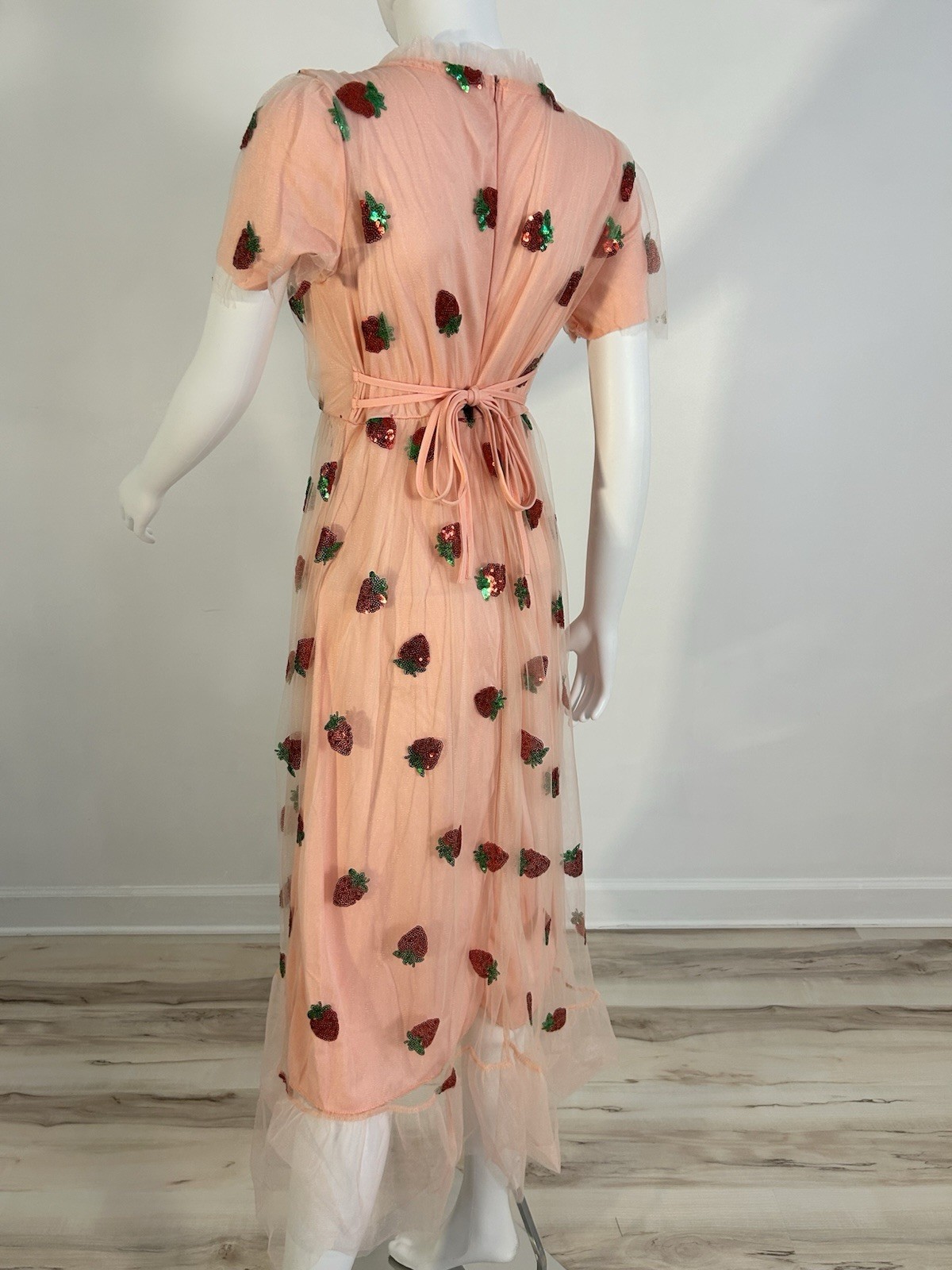 M Strawberry Tulle Dress Womens Pink Sequin Mesh Short Sleeve V Neck Maxi 2026