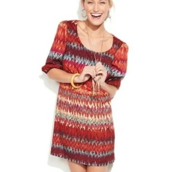 NEW SIZE MED Lily Rose Chevron Print Women Dress 3/4 Sleeves Rust Orange
