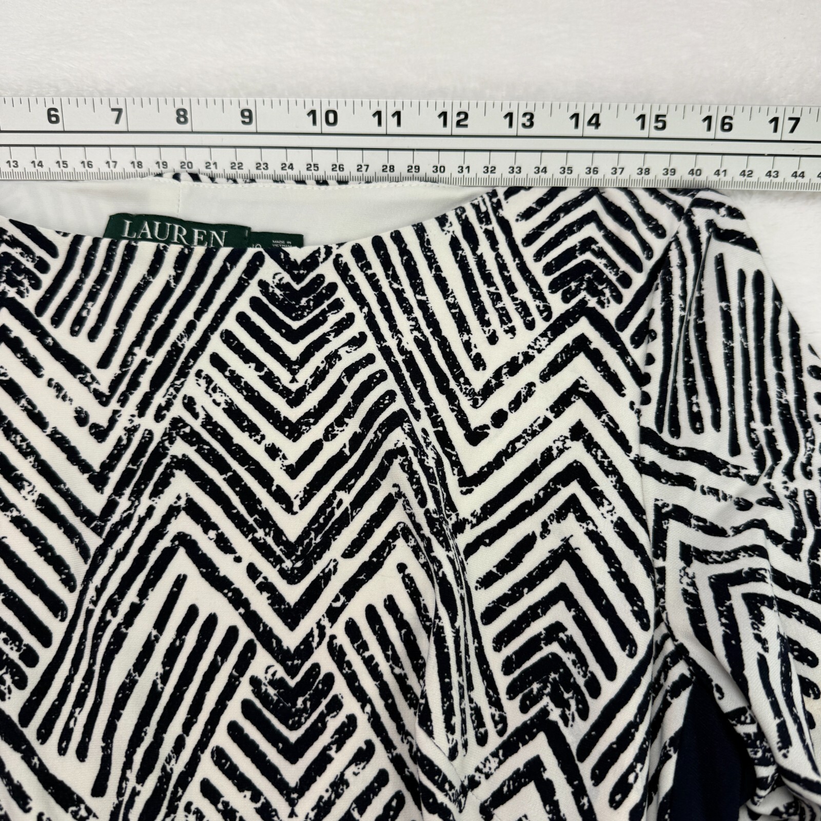 Lauren Ralph Lauren Dress Navy White Sz 10 Geometric Print Ruched 3/4 Sleeve