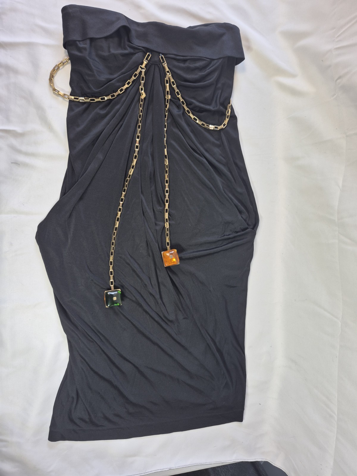 DSQUARED2 Black Draped Evening Gown Body Chain Amber Resin Cube Accents Size M..