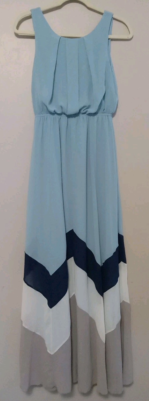 Ya Women Light Blue Geometric Colorblock Beige White Navy Maxi Dress Size S