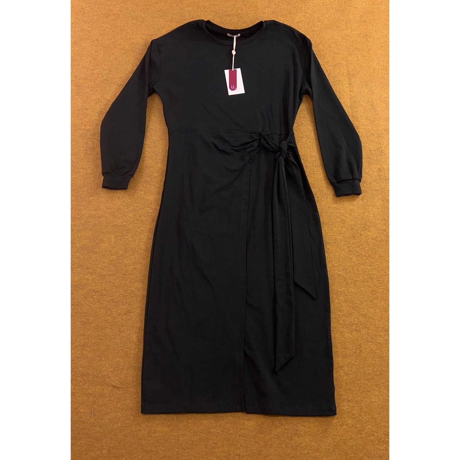 Udel Womens Small Black Long Sleeve Side Tie Wrap T-Shirt Midi Dress NWT