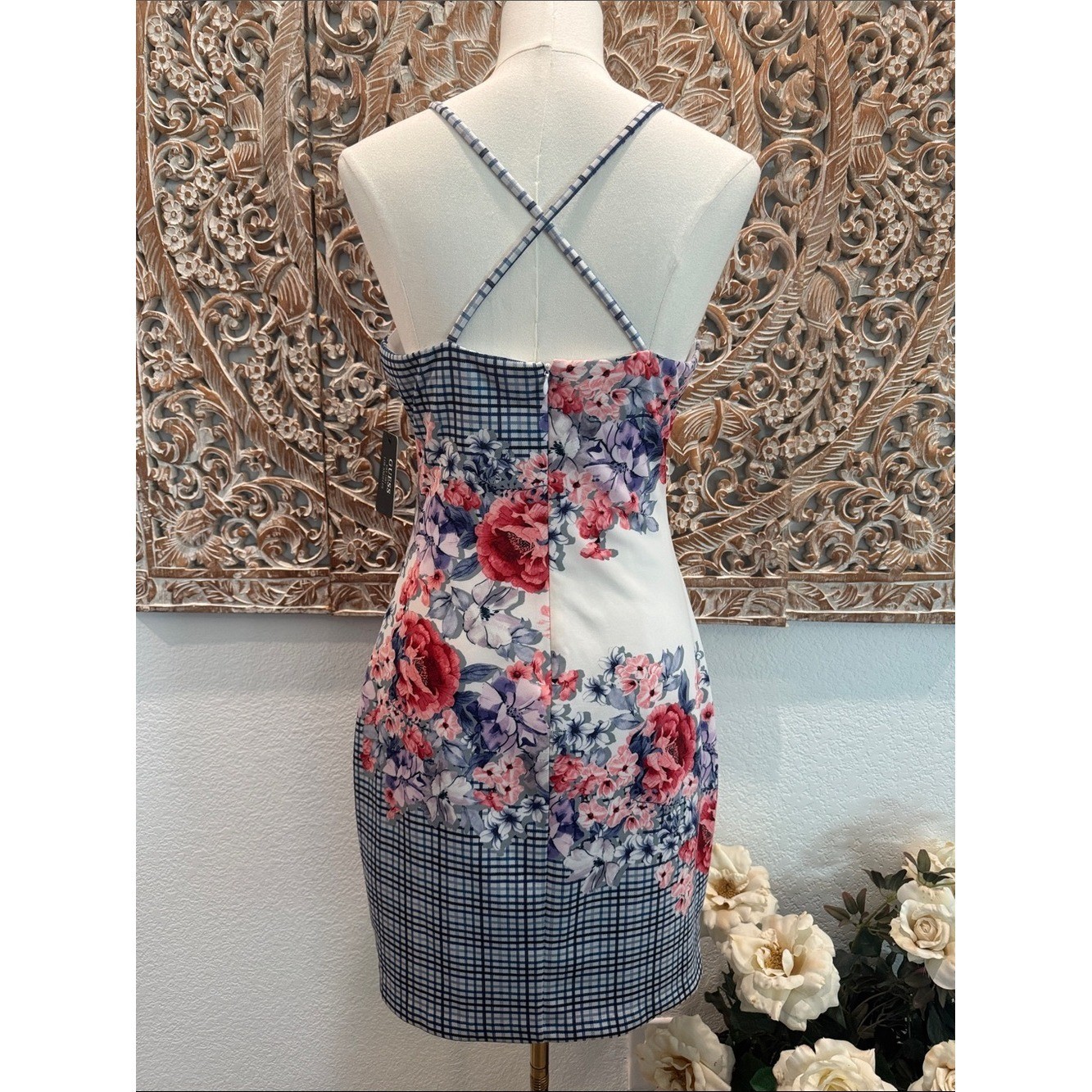 Guess Bodycon Mini Dress Floral & Gingham, Spaghetti Straps- size 10