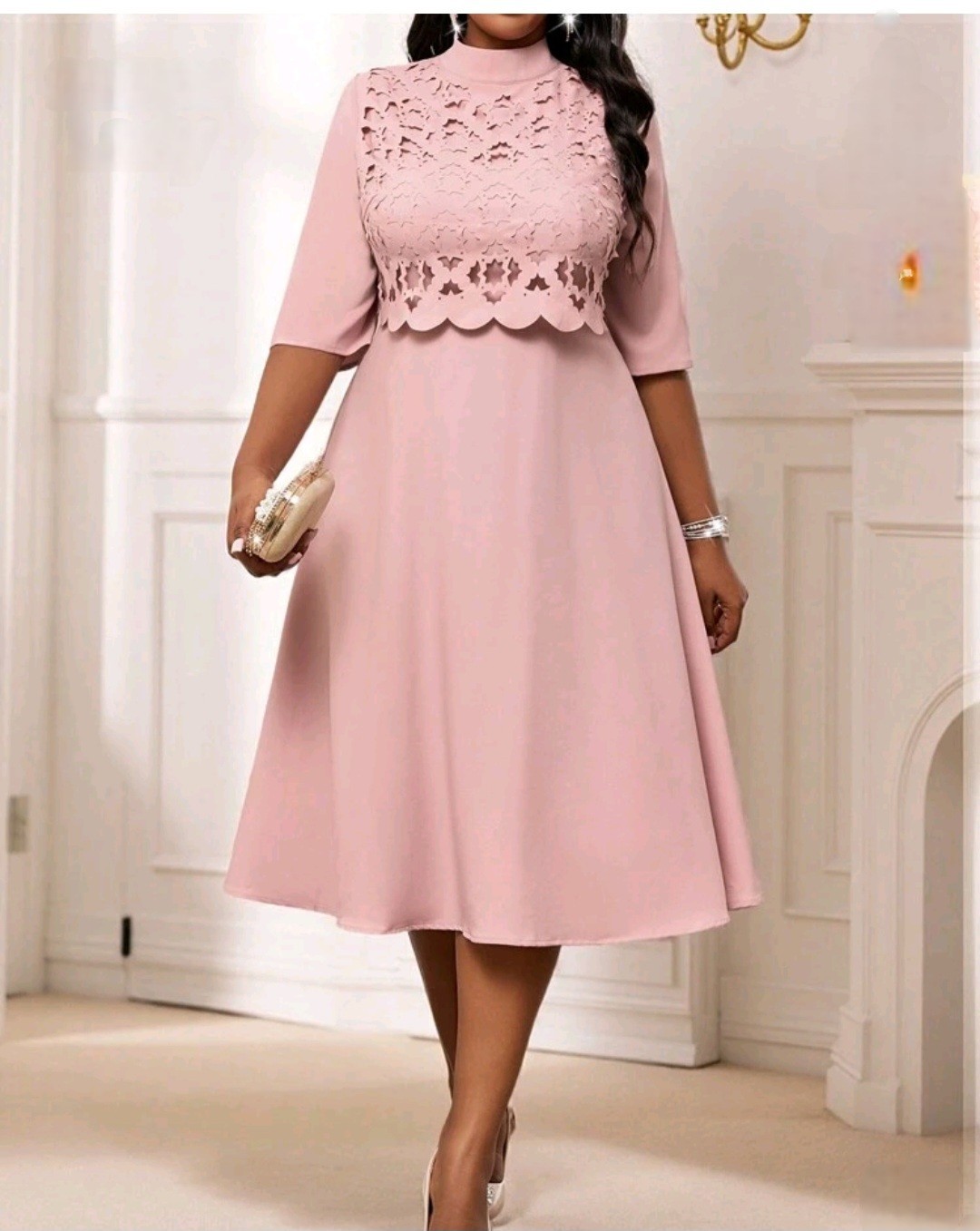 SHEIN Curve Pink Laser-Cut Detail Midi Dress – Plus Size 2XL