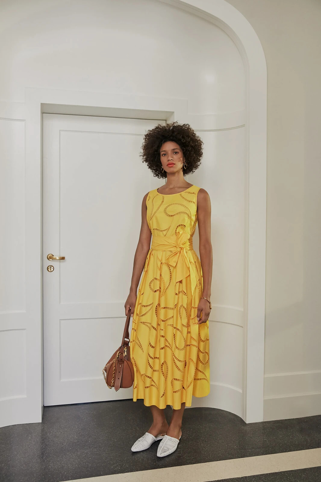 $2K Escada cotton eyelet midi long yellow dress sash belt sz 44 14 12 XL