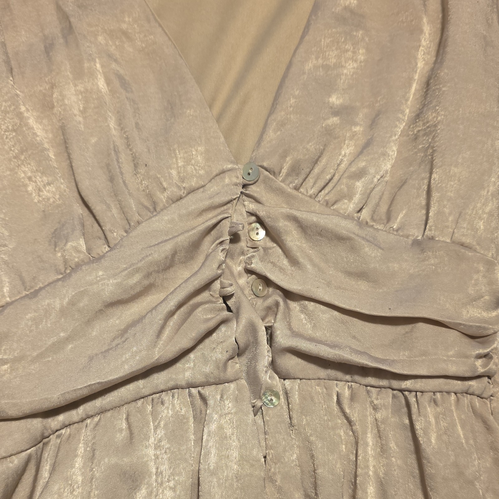 ALTERED STATE Beige Ruffle Fit & Flare Mini Dress V-Neck Long Puff Sleeve Size M