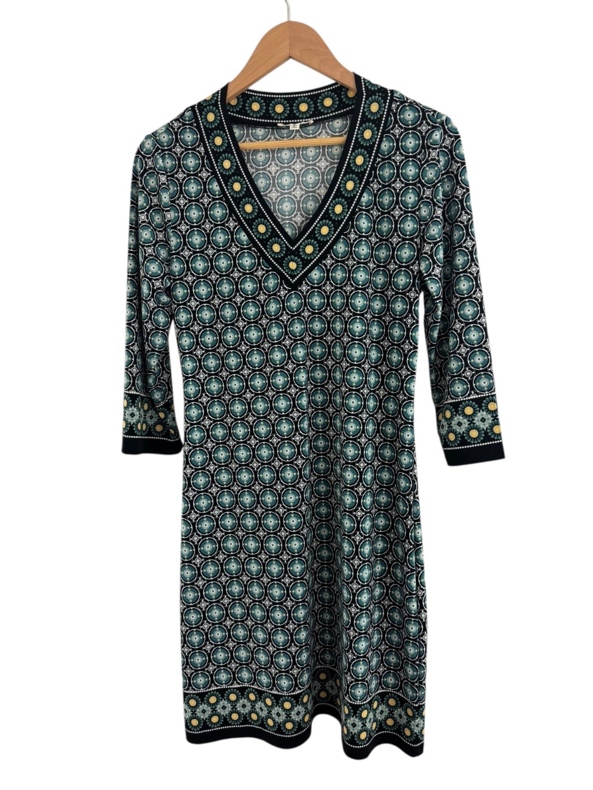 Max Studio Green Black Geometric Print V-Neck Dress Size S All-Season Stretch