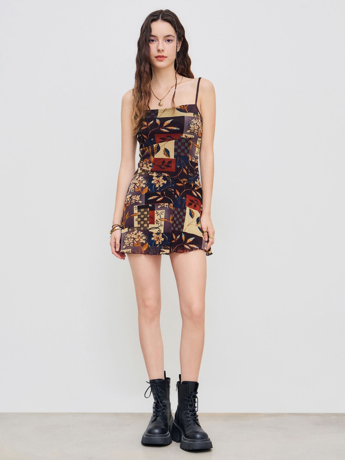 Floral Print Mini Dress Mesh Patchwork Summer Sundress Cider