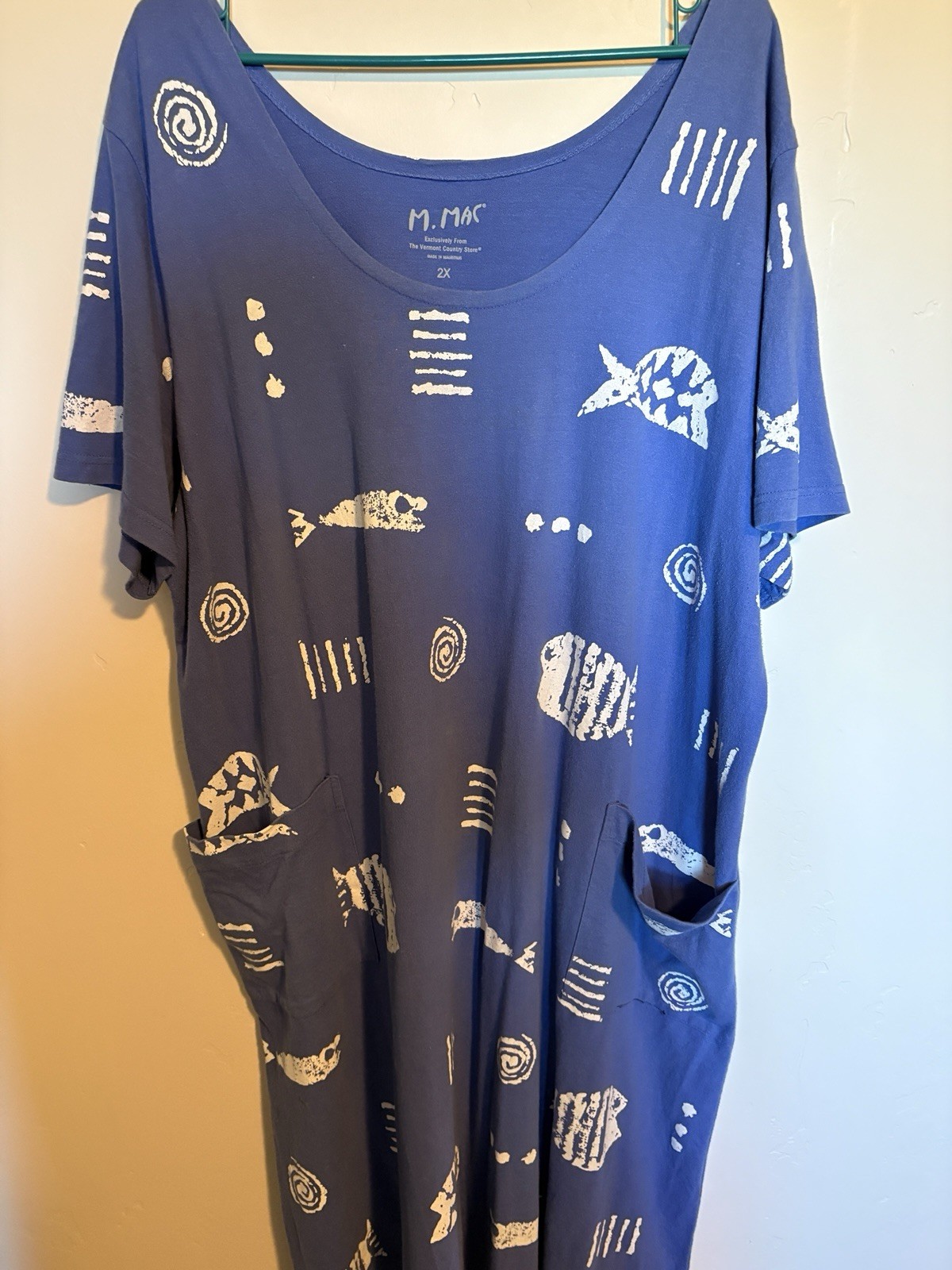 M. Mac Periwinkle Fish Print T-Shirt Dress 2X 100% Cotton Short Sleeve Beach