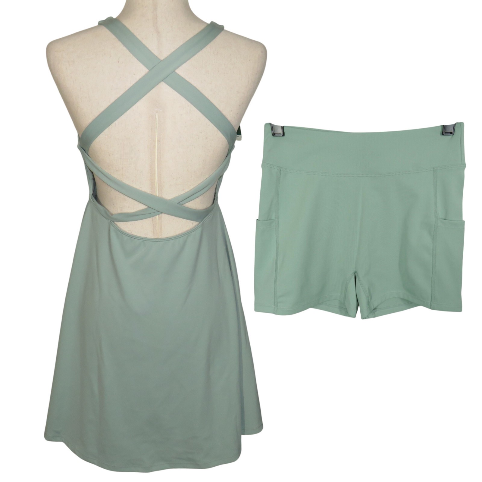 Halara Pale Green Strappy Backless Padded Mini Dress + Shorts Size Medium