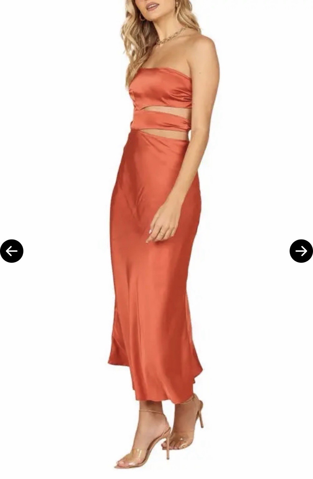 Petal & Pup Forelle One-Shoulder Cut Out Satin Midi Dress in Rust/Copper XL NWT